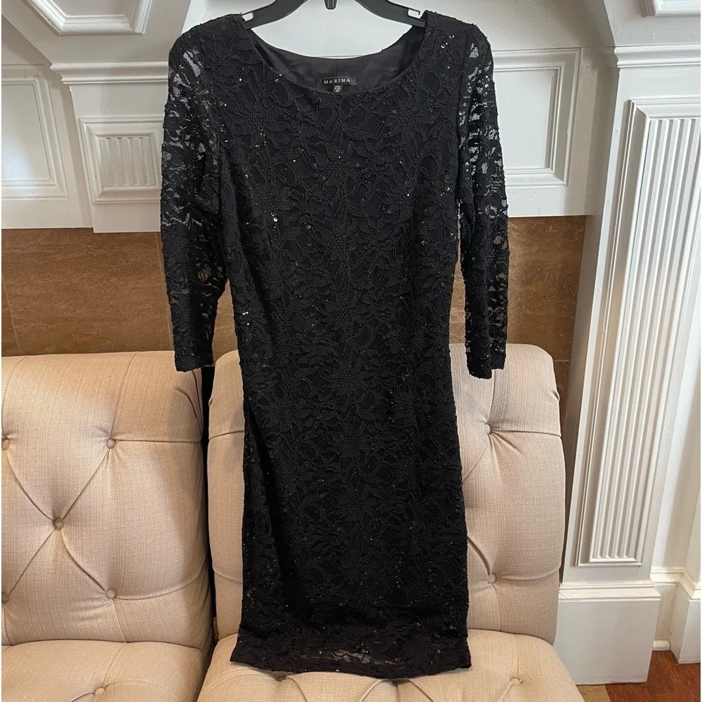 Marina Sequin Lace Sheath Dress Sz 12 Black 3/4 Sleeve Stretchy Evening Dress